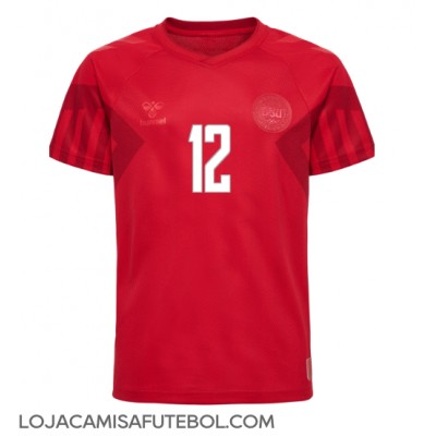 Camisa de Futebol Dinamarca Kasper Dolberg #12 Equipamento Principal Mundo 2022 Manga Curta